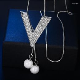 Pendant Necklaces BYSPT V-letter Long Simulated Pearl Tassel Sweater Chain Silver Colour Elegant