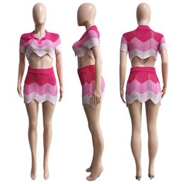 Örme Elbise Setleri Yaz Kadınlar Kısa Kollu Down-Down Yaka Mahsul Üst ve Mini Etek İki Parça Setleri Moda Örgü Etek Takım Dosyalar 9626