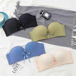 Bras Sexy Women Strapless Bra Drawstring Front Clre Bralette Wireless Push Up Nonslip Brassiere Small Bust Invisible Lingerie 230330