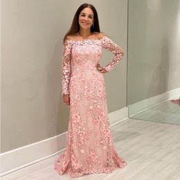 Modest Lace Mother Of The Bride Dresses Beaded Long Sleeves Wedding Guest Dress Off The Shoulder Neckline Floor Length Evening Gowns