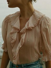 Women's Blouses Women Ruffles Turn-down Collar Shirt Front Button Pleated Top Short Puff Sleeve 2023 Summer Ladies Blouse