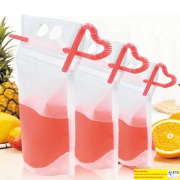 Clear Drink Pouches Bags Drinkware Zipper Standup Plastic Drinking Bag with Straw Holder Reclosable HeatProof Juice Coffee Liquid