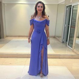 Lavender Side Split Mother Of The Bride Dresses Pleated Wedding Guest Dress Off The Shoulder Neckline Chiffon A line Evening Gowns