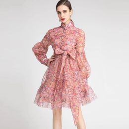 Spring/Summer Dresses 2023 Women's New Princess Style Standing Neck Lantern Sleeve Pleated Waist Lace Up Print Dress