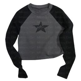 Women's T-Shirt Rhinestones Stars Print Women Vintage Tops Fairy Grunge Graphic Spring T Shirts Aesthetic Clothes Cyber Y2k Slim Long Sleeve Top 230330