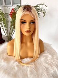 4/613 180% Ombre Blonde Straight 13X4 Lace Front Wigs With Chocolate Brown Roots