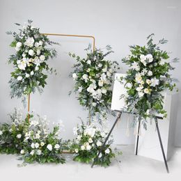 Decorative Flowers White Rose Flower Row Wedding Backdrop Wall Decor Hanging Corner Green Plant Leaf Floral Ball Party Stage Floor