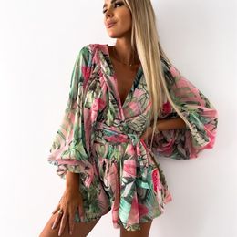 Women's Two Piece Pants Sexy Deep V Neck Jumpsuit For Women Summer Casual Boho Beach Vacation Outfit Fashion Print Lantern Sleeve Rompers Shorts 230330