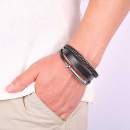 Tennis Trendy Black Leather Bangle Men Jewelry Stainless Steel Multilayer Woven Wrap