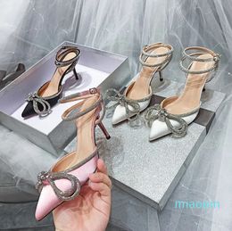 2023 sandals women's bow rhinestone tip satin lace-up European and American style stiletto heels
