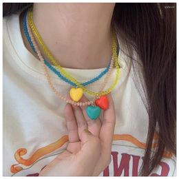 Pendant Necklaces Kpop Summer Goth Colourful Crystal Heart Resin Beaded Clavicle Choker Necklace For Women Egirl Aesthetic Y2K EMO Jewellery