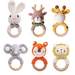 Baby Teethers Toys 1pc Teether Music Rattles for Kids Animal Crochet Rattle Elephant Giraffe Ring Wooden Babies Gym Montessori Childrens 230329