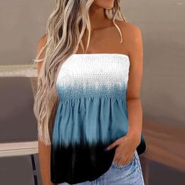 Women's Blouses Gradient Colour Strapless Tank Top Women Bandeau Pleated Ruffle Blouse Boho Shirt Holiday Vacation Summer Smocked Camis Tops