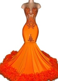 Orange arabisk aso ebi sjöjungfru prom klänning pärlstav kristaller fjäder kväll formell fest andra mottagning födelsedag engagemang klänningar klänningar mantel de soiree es