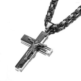 Pendant Necklaces Rock Men's Black Plated 316L Stainless Steel Jesus Cross Necklace With Byzantine Box Chain Jewelry
