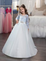 Girl Dresses 3/4 Sleeves Flower For Weddings Ball Gown Tulle Lace Beaded Bow Long First Communion Little
