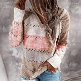 Women's Sweaters Autumn Women Patchwork Hooded Sweater Long Sleeve V-neck Knitted Casual Striped Pullover Jumpers 2023 Female Hoodies