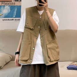 Women's Vests Women's Harajuku Vintage Cargo Coat Fashion Summer Loose Fit Full Fit Sleeveless Large Pocket Casual Simple Fashion Ins 230330