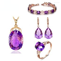 Necklace Earrings Set Megin D Rose Gold Plated Luxury Purple Crysta Pendant Collar Chains Bracelet Earring Rings Jewelry For Women Gift