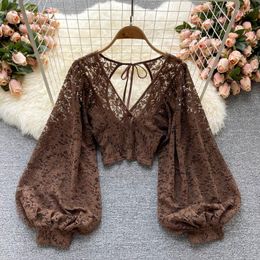 Women's Blouses Autumn Black White Brown Sexy Lace Blouse Women Elegant V-Neck Puff Long Sleeve Open Back Short Tops Korean Blusa Feminina