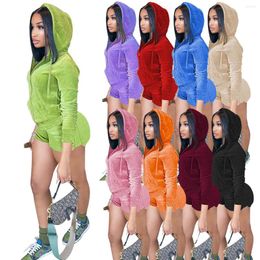 Women's Tracksuits Autumn Sexy Two Piece Set Zip Up Long Sleeve Cropped Hooded Jacket Top With Shorts Velvet Tracksuit Short Pants Women