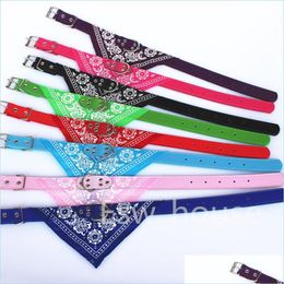 Dog Collars Leashes Small Bandana Cat Pet Neckerchief Pu Collar With Printed Triangar Scarf Adjustable Size Dogs Bandanas Drop Del Dh68K