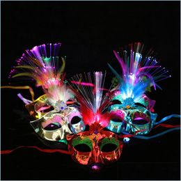 Party Masks Venetian Led Fibre Light Up Mask Masquerade Fancy Dress Princess Feather Glowing Drop Delivery Home Garden Festive Suppli Dhhev