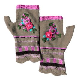 Five Fingers Gloves Women Multicolor Jacquard Floral Fingerless Knitted Thumb Hole Mittens