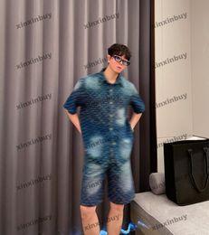 xinxinbuy Men designer Tee t shirt 23ss Rainbow Jacquard Denim Sets short sleeve cotton women Black White blue Grey XS-3XL