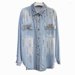 Women's Blouses Colourful Sequined Women Heavy Industry Beads Denim Shirt Spring Loose Blusas Top Lace Stitching Jean Blouse
