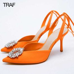 Dress Shoes Rhinestone Heels Women Strappy Sandals Female Pumps Summer High 2022 Lace up heels Stiletto Slingback on 221130