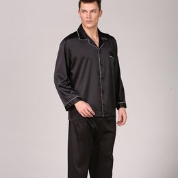 Men's Sleepwear Black men's Pyjamas suit Satin 2PCS Pyjamas shirt and pants Soft Pyjamas Casual Pyjamas Family clothing Solid Pyjamas set 230330