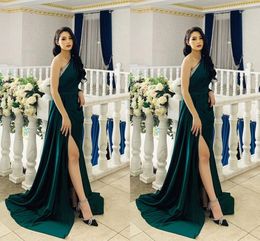 Dark Green A Line Prom Dresses One Shoulder Satin Beaded Sequined High Side Split Floor Length Formal Evening Pageant Birthday Celebrity Party Gowns Custom