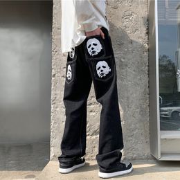 Men's Jeans Hip Hop Printed Men Baggy Black Denim Trousers Straight Pants Spring Fashion Korean Streetwear Male Bottoms Y2K Clothes 230330