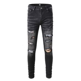Men's Jeans Black Distressed Slim Fit Style Colorful Bandanna Patchwork Skinny Stretch Holes High Street Ripped 230330