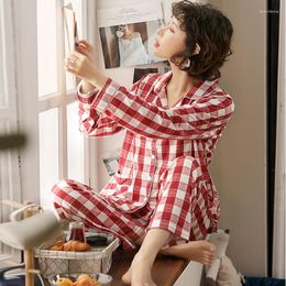 Women's Sleepwear Women's Plaid Pajamas Cotton Female Home Clothes Suit Long Sleeve Woman Big Size Lady Homewear Pyjama