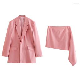 Two Piece Dress Woman Sweet Pink Loose Long Blazer Suit 2023 Spring Female Irregular Straight Skirt Suits Ladies Chic Asymmetrical Skirts