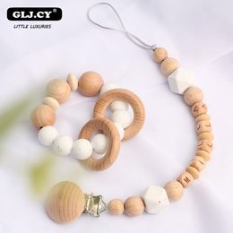 Baby Teethers Toys Personalized name of baby pacifier chain Silicone bead beech clip chewable wooden tooth rack chain Baby pacifier toy set gift 230329