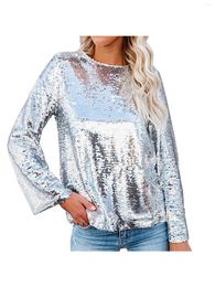 Women's T Shirts Round Neck Tops Glitter Sequin Long Sleeve Solid Colour Loose Fit T-Shirts