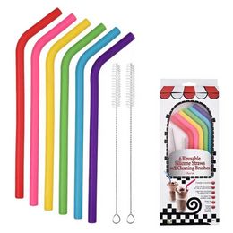6pcs 2brush/set 23CM Candy Colours Silicone Straw Reusable Folded Bent Straight Straw Home Bar Accessory Silicone Tube FY5192 ss0330
