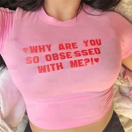 Women's TShirt Y2k Apparel Pink Crop Top Letter Embroidery Baby TShirt Short Sleeve TShirt Vintage Gothic Graphic Expression 230329