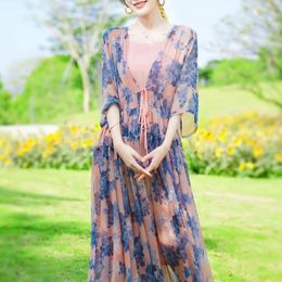 Casual Dresses High-end For Women Summer Silk Dress Women's Floral Long V-neck Slim Elegant Two Pieces Suit Vestidos