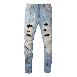 Men's Jeans Distressed Light Blue Streetwear Stretch Skinny Black Rhinestons Destroyed Holes Graffiti High Street Slim Fit Brand 230330