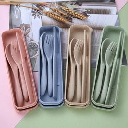 Dinnerware Sets 50sets Portable Reusable Spoon Fork Knife Outdoor Camping Travel Cutlery Set Wheat Straw Tableware