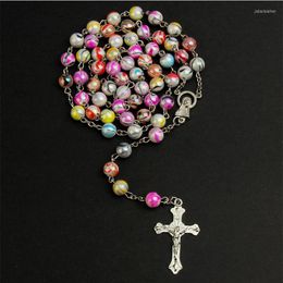 Pendant Necklaces 8mm Colourful Pearl Rosary Necklace Alloy Cross Virgin Mary Centrepieces Christian Catholic Religious Jewellery