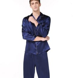 Men's Sleepwear Pure 100 Silk Pajamas Men's Two Piece Set Long Sleeve Spring Summer Pajamas 100% Evening Dress Silk Blue Solid 230330