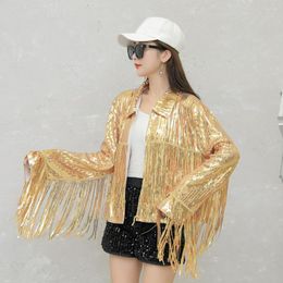 Women's Jackets Stage Show Cardigan Lapel Lightweight Dressing Up Loose Fit Sequins Tassel Club Jacket Coat For Party