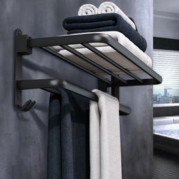 Bathroom Shelves Wall Mounted Towel Rack Storage Bars Accessories Aluminum Foldable Shower Clothes with Hooks 230330