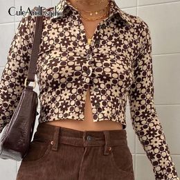 Women s T Shirt Harajuku Printed Vintage Brown Crop Top Casual Single breasted Tshirts Long Sleeve Korean Cute Outfits Cuteandpsycho 230330