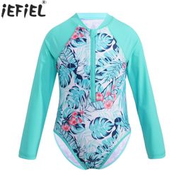 Onepieces Childrens Swimming Suit Long Sleeve Floral Print dragkedja Swimsuit Beach Swimming Swimming 230329